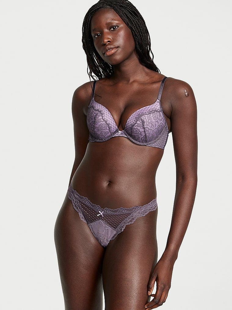 Lace & Mesh Thong Panty image number null