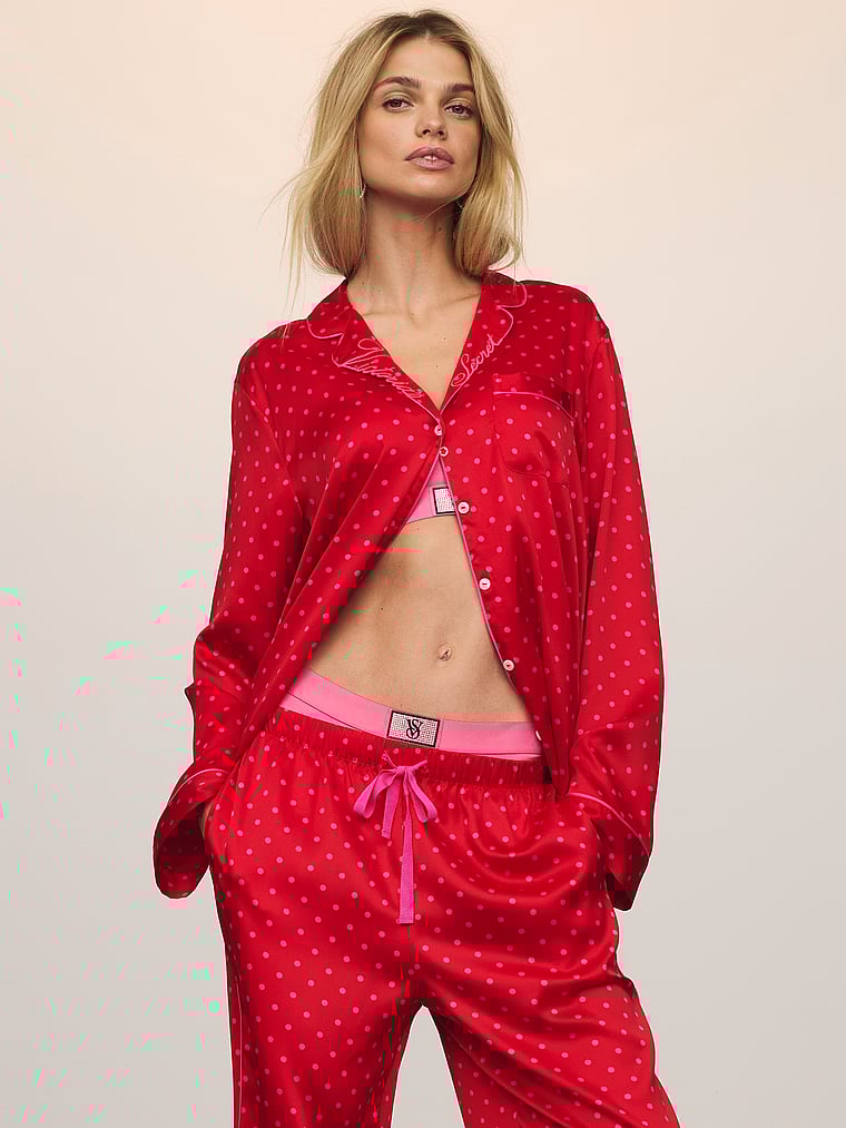 Glazed Satin Long Pajama Set image number null