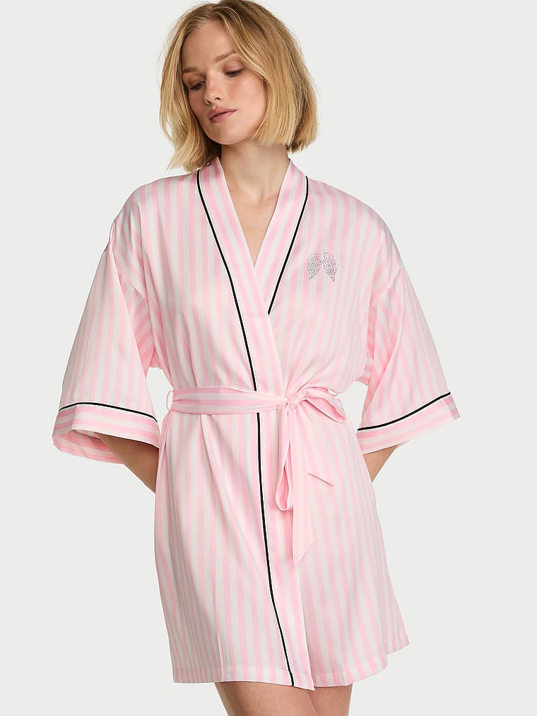 Signature Satin Short Piped Robe image number null