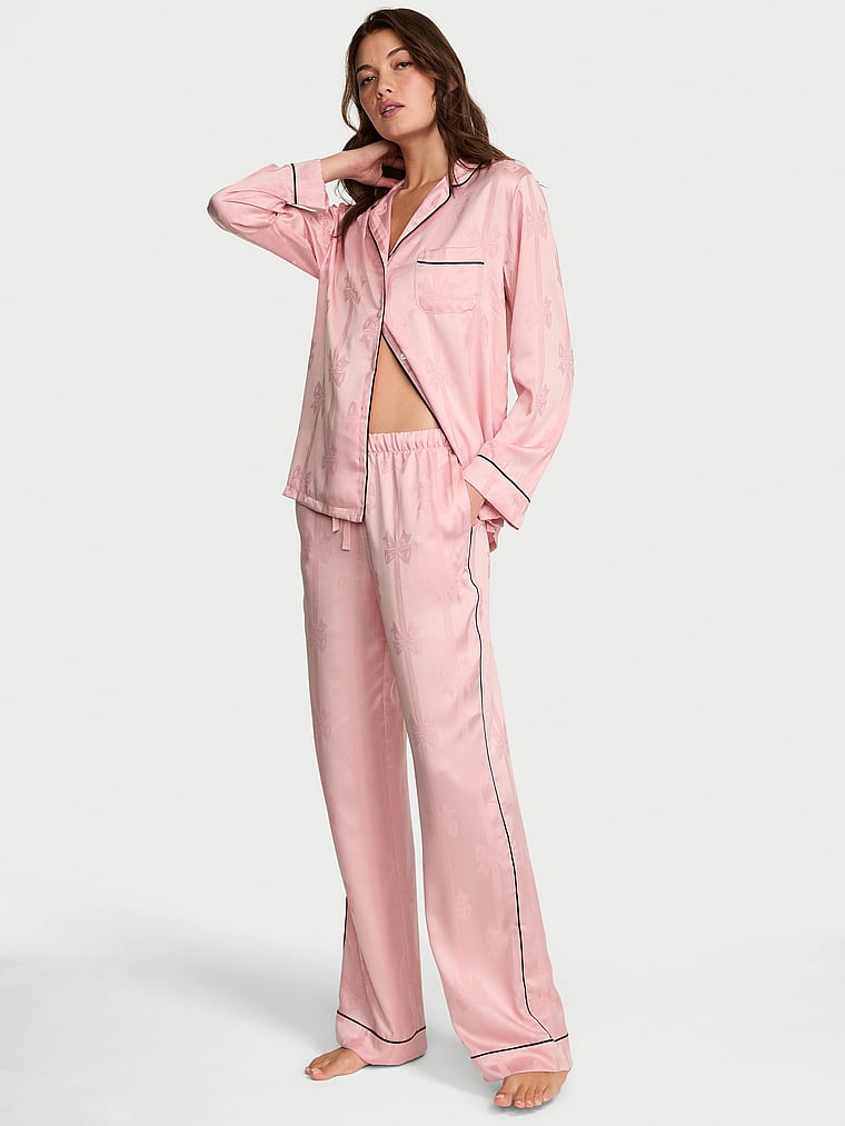 Glazed Satin Bow Stripe Long Pajama Set image number null